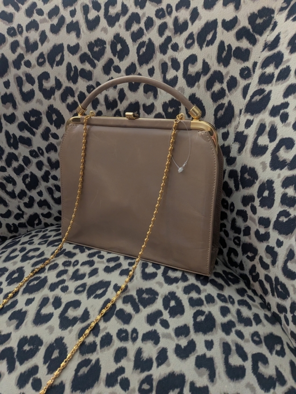 Vintage Taupe Structured Leather Top-Handle Satchel Gold Chain Made In Canada